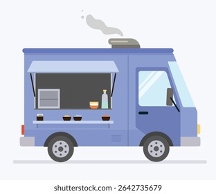 Flat Vector Blue Food Truck with Kitchen Utensils and Microwave, Street Food Festival Mobile Restaurant on Wheels