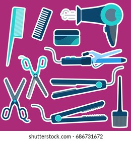 Flat vector blue hairdressing stickers set including irons, scissors, dryer, combs for barbershop, salons, hairdresser shops banners design