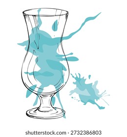 Flat vector Blue Lagoon, cyan Electric Lemonade, Ocean Breeze tropical cocktail, energy drink in ink hurricane glass with liquid splash and splatter. Hand drawn for food design, promotional visuals.