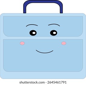 Flat vector of a blue laptop bag with a cheerful face, perfect for back-to-school or remote working design themes.