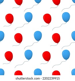 Flat vector blue and red birthday air helium balloons seamless pattern in cartoon style isolated on a white background