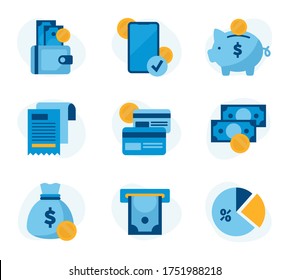 Flat vector blue and yellow icon set. Illustration pack of wallet with money, smartphone payment app, piggy bank, bill or invoice document, credit card, cash with coins, gold bag, atm and pie chart.