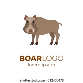 Flat vector boar isolated on white background. Colorful illustration  for your company logo or label. Flat style European forest animal collection