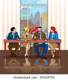 Flat vector board illustration of directors business meeting in conference room with big window on the top floor. Businessmen talking, coworking, teamwork, team leading, brainstorming negotiating.