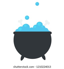 Flat vector of a boiler of a witch making a blue pill with bones.
