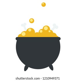 Flat vector of a boiler of a witch making a yellow pill with bones.