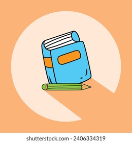 A flat vector book and pencil with an orange background inside a circle that has a shadow effect 