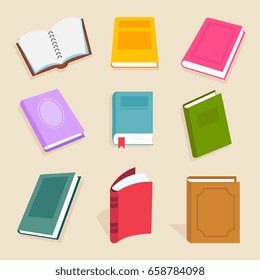 Flat vector books and reading documents. Open science textbook, encyclopedia and dictionary icons. Dictionary and literature textbook for school illustration