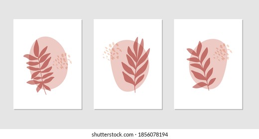 Flat vector botanical illustration set. Abstract digital shape with plant. Scandinavian style. Hand drawn leaf isolated on white background. Trendy home decor print, modern wallpaper design element.