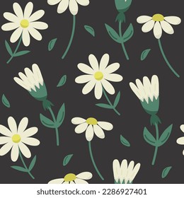 Flat vector botanical seamless pattern with white flowers on dark background. Spring background with blossom wild flowers for Fabric, Wallpaper, Posters, Banners.