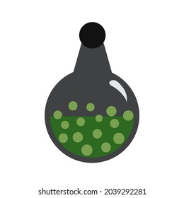 Flat vector bottle with potion. Green potion with bubbles. Witch bottle.