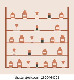 Flat vector bottle shelf display drawing of 5 shelf tiers of bottles and vessels with blank price plates, drawn as rotational forms with a single horizontal liquid level splitting the fill in mint charcoal colors, no lettering and no food shown, blank label plates ready for your own copy.