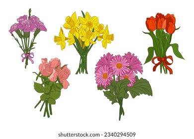 Flat vector bouquets of colored flowers. Bunches of carnations, roses, daffodils, gerberas, tulips on white background. Vibrant floral compositions. Ideal for greeting card, invitation, banner