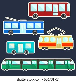 Flat vector bright colorful public transport stickers set, ecological city transportation symbols including tram, trolley, bus, shuttle and underground