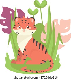 
Ilustración plana vectorial brillante con un tigre en la hierba. Ilustración simple