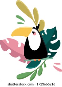 
Flat vector bright illustration with toucan in the jungle. A toucan sits on a branch in bright tropical leaves. Simple illustration
