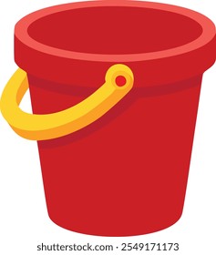  Flat vector Bright red bucket with yellow handle. Metal or plastic cylindrical container. Flat vector element for poster of household store