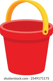  Flat vector Bright red bucket with yellow handle. Metal or plastic cylindrical container. Flat vector element for poster of household store