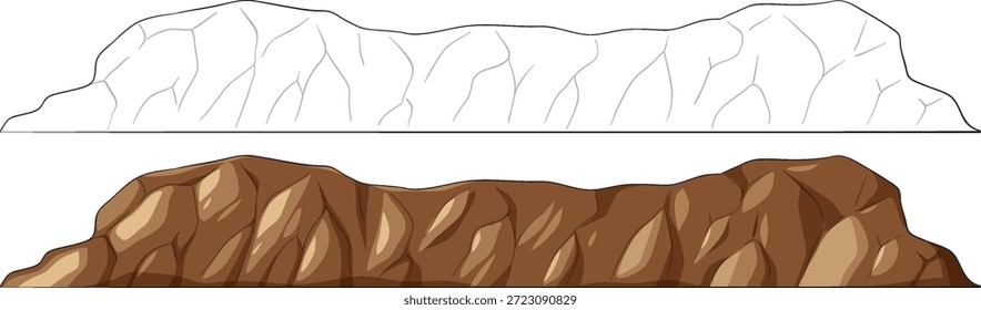 Vetor plano marrom rochoso montanha cume com colorido e contornado formações rochosas angulares.