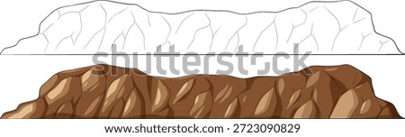Flat vector brown rocky mountain ridge with colored and outlined angular rock formations.