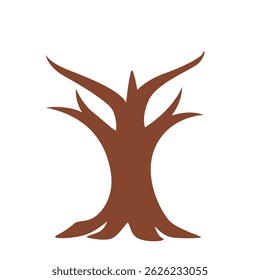 Image vectorielle plate d'un arbre brun sans feuilles, montrant des racines étendues et des branches nues, idéal pour l'automne, la pourriture, ou des thèmes de conception de la nature.