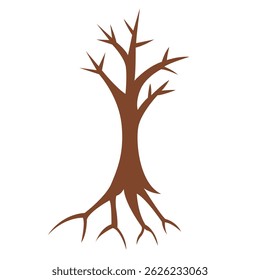 Image vectorielle plate d'un arbre brun sans feuilles, montrant des racines étendues et des branches nues, idéal pour l'automne, la pourriture, ou des thèmes de conception de la nature.