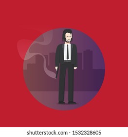Flat vector brutal killer isolated on city background