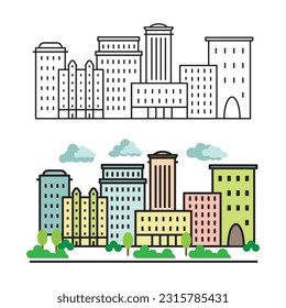 Flat vector buildings. Hotel, restaurant, bank, museum, home.