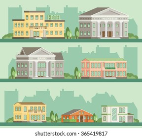 Flat vector buildings. Hotel, restaurant, bank, museum, home.
