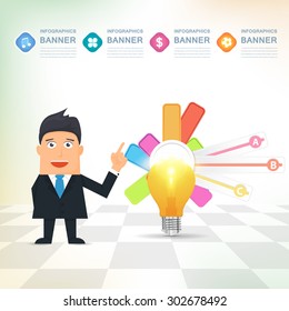 Flat Vector Bulb Concept Businessman Presentation Infographics Stats Elements Design