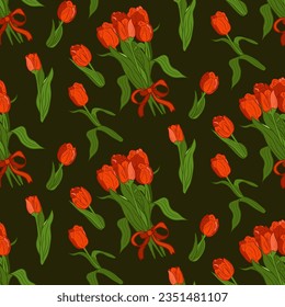 Flat vector bunch of red tulips seamless pattern. Bouquet of flowers with red ribbon and separate flowers on dark background. Ideal for wrapping paper, background, wallpaper, textile, banner