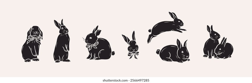 Flat vector bunnies collection. Whimsical illustration