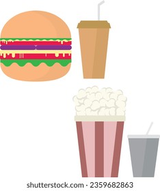 flat vector burger and popcorn with drink container.