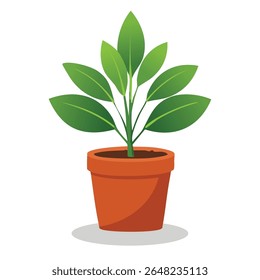 Flat vector of a bushy leafy potted plant in a terracotta pot. Great for gardening apps, eco-friendly branding, interior decor and wellness visuals.