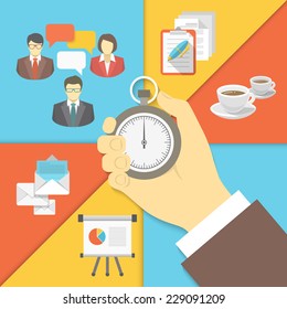 Flat vector business concept of the time management with a stopwatch in a businessman hand and working activity symbols of business meeting, coffee break, planning, presentation and business mailing