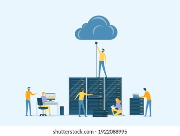 Flat vector business datacenter technology with cloud computing service concept and developer technician team working concept
