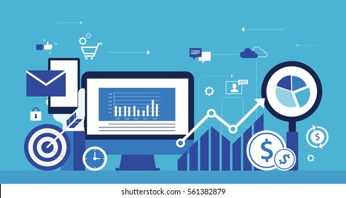 Flachvektorgrafik für Business-Digital-Marketing Online-Konzept und Internet-Marketing auf mobiles Online-Konzept .analytisches und Planungskonzept
