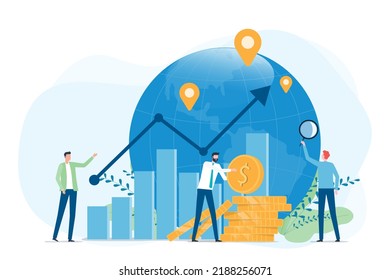 Concepto de inversión global de financiación de empresas con vectores planos con trabajo en equipo de inversionistas 