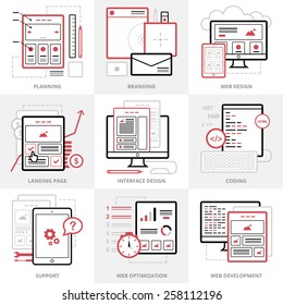 Flat vector business icons set. Corporate style. Outlined IT icons for web site.