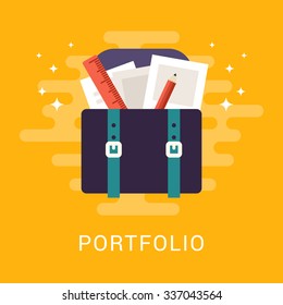 Flat Vector Business Illustration. Portfolio Concept. Suitcase with Papers