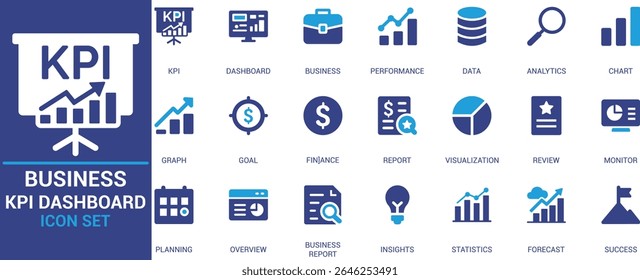 Ícone de painel de KPI de negócios de vetor plano definido com gráficos, análises, relatórios, finanças e elementos de planejamento. Ótimo para infográficos, aplicativos e design de interface do usuário.


