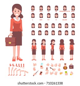 Flat Vector business lady. Character constructor with various views, face emotions, lip sync and poses. 