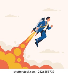 Flat vector of a business man launching into the sky with rocket jetpack, symbolizing business growth, fast progress, startup success, and high performance goals.