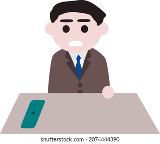 Flat vector business man sitting at a desk with a worried expression. His phone sits idle. The illustration is isolated on a white background.
