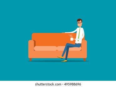 Flat Vector Business Man Sitting On Sofa