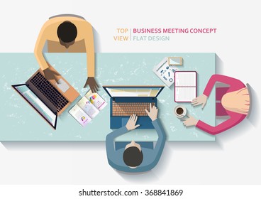 Flat vector business meeting illustration, people sitting at the long office table top view