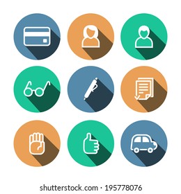 Flat vector business multicolor (orange, green, blue) icons set
