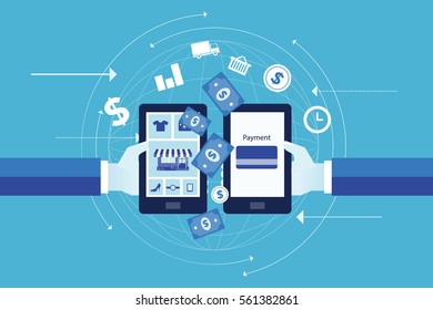 flacher Vektor für die Online-Bezahlung von Unternehmen auf mobilen Geräten und Online-Shopping-Konzept .Internet-Marketing-Online-Konzept und e-Commerce 

