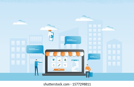 flat vector business online shopping and Ecommerce concept with business team working 