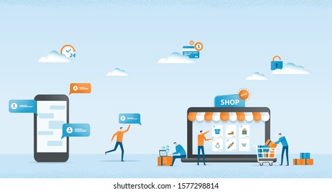 flat vector business online shopping and Ecommerce concept with business team working 